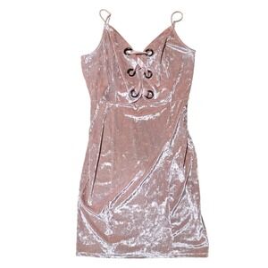 Pink Crushed Velvet Lace Up Grommet Mini Dress‎ Adjustable Straps Dusty Rose L